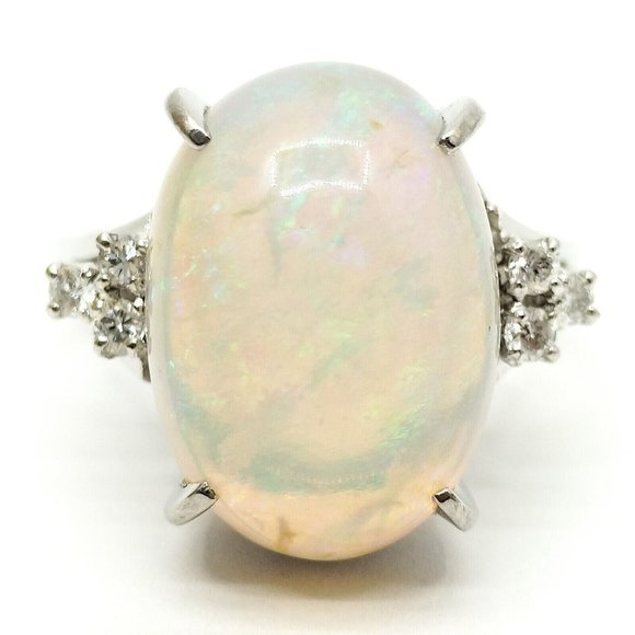 Genuine 7.2 CT Opal Stone + Diamonds White Platinum 900 Gold Ring US Sz 5.75 - Picture 2 of 14